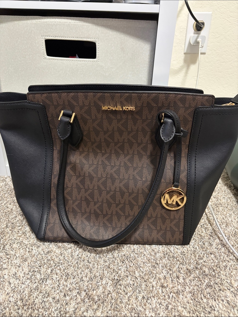 Michael Kors Brown and Black Signature Tote with Gold Hardware